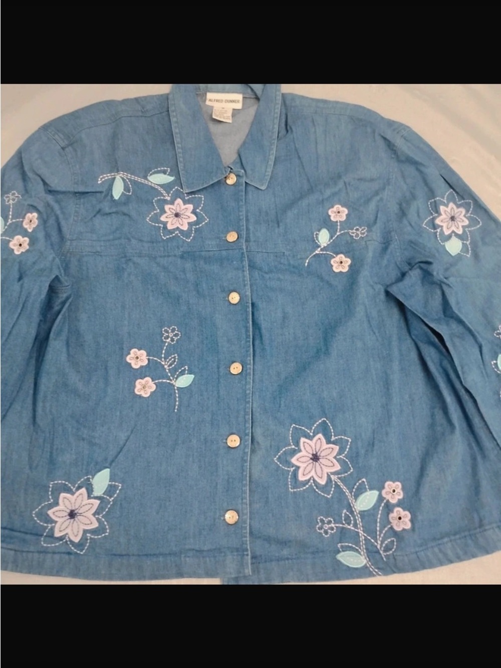Alfred Dunner Light Blue Floral Embroidered Denim Jacket